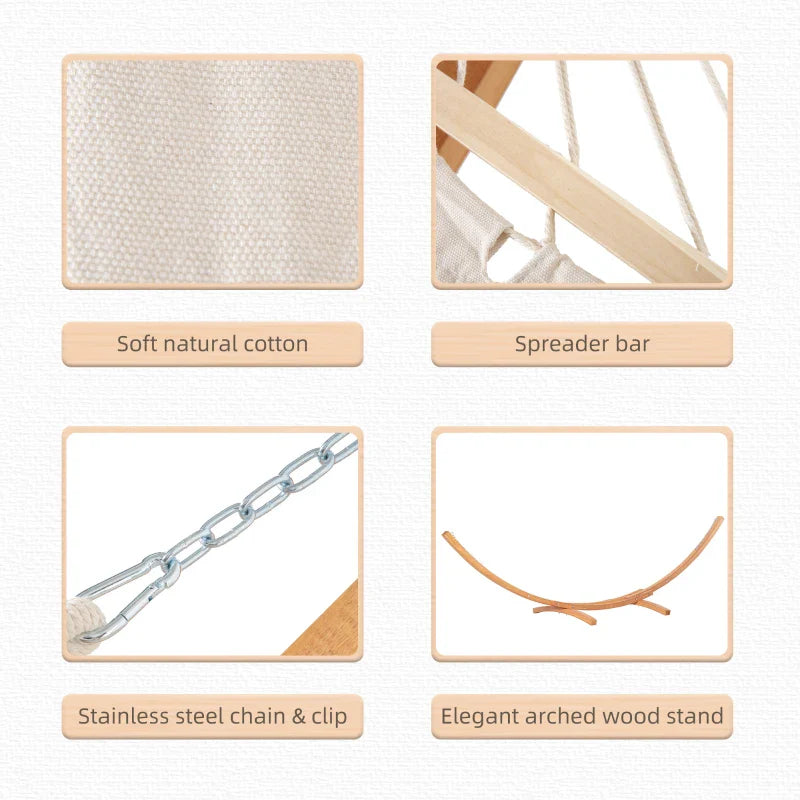 Cotton garden hammock natural cotton fabric wooden spreader bar and arc stand details — GetHovr UK