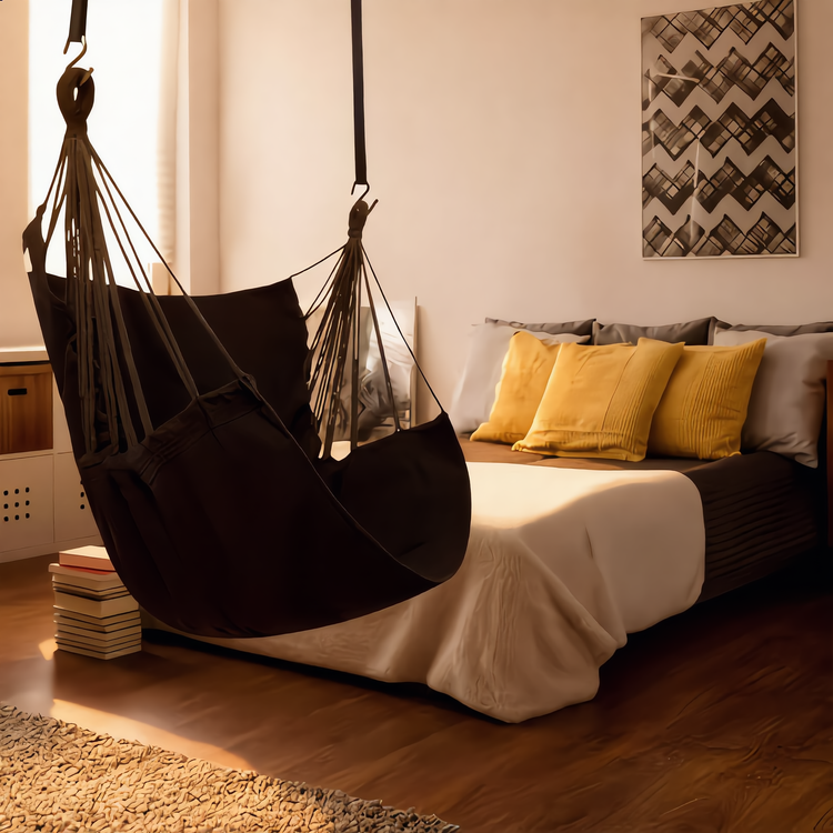 GetHovr dark hammock chair hanging indoors in a warm modern living room with golden afternoon light