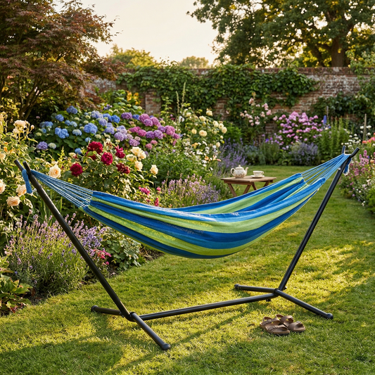 Garden hammock with steel stand in British garden — GetHovr UK