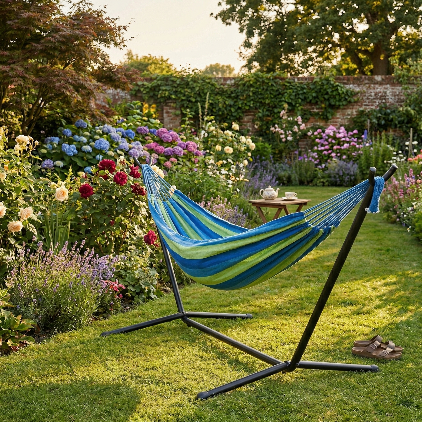Garden hammock with steel stand side view British garden — GetHovr UK

