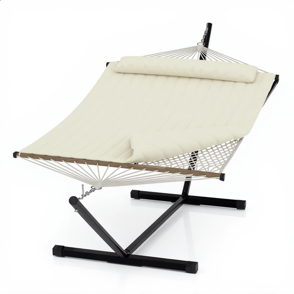 Quilted garden hammock with pillow and steel stand cream — GetHovr UK
