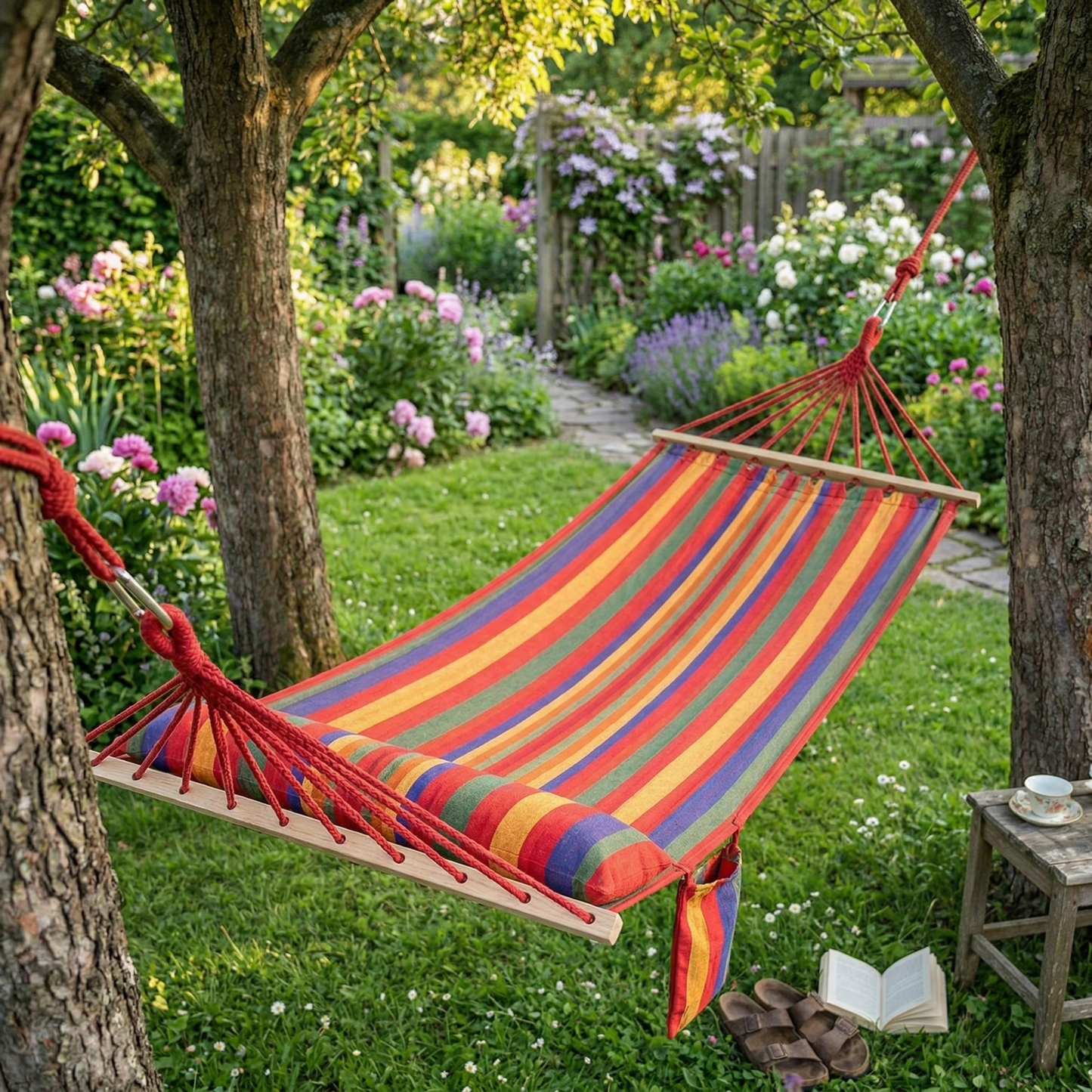 Striped cotton garden hammock hanging between two trees in British garden — GetHovr UK
