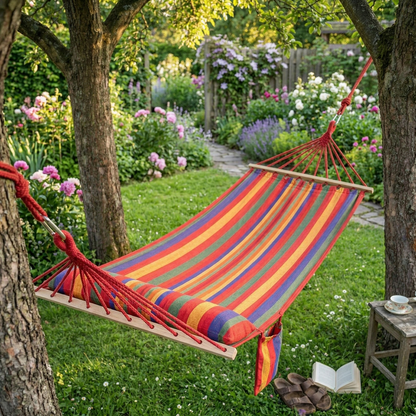 Striped cotton garden hammock hanging between two trees in British garden — GetHovr UK
