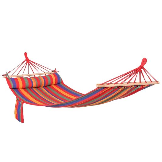 Striped cotton garden hammock with wooden spreader bar white background — GetHovr UK
