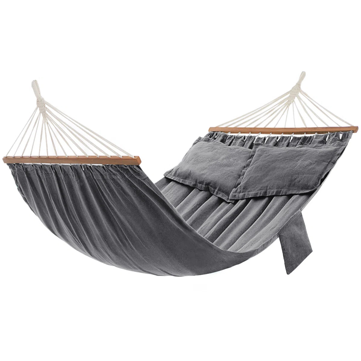 Grey double hammock with cushions and spreader bars on white background