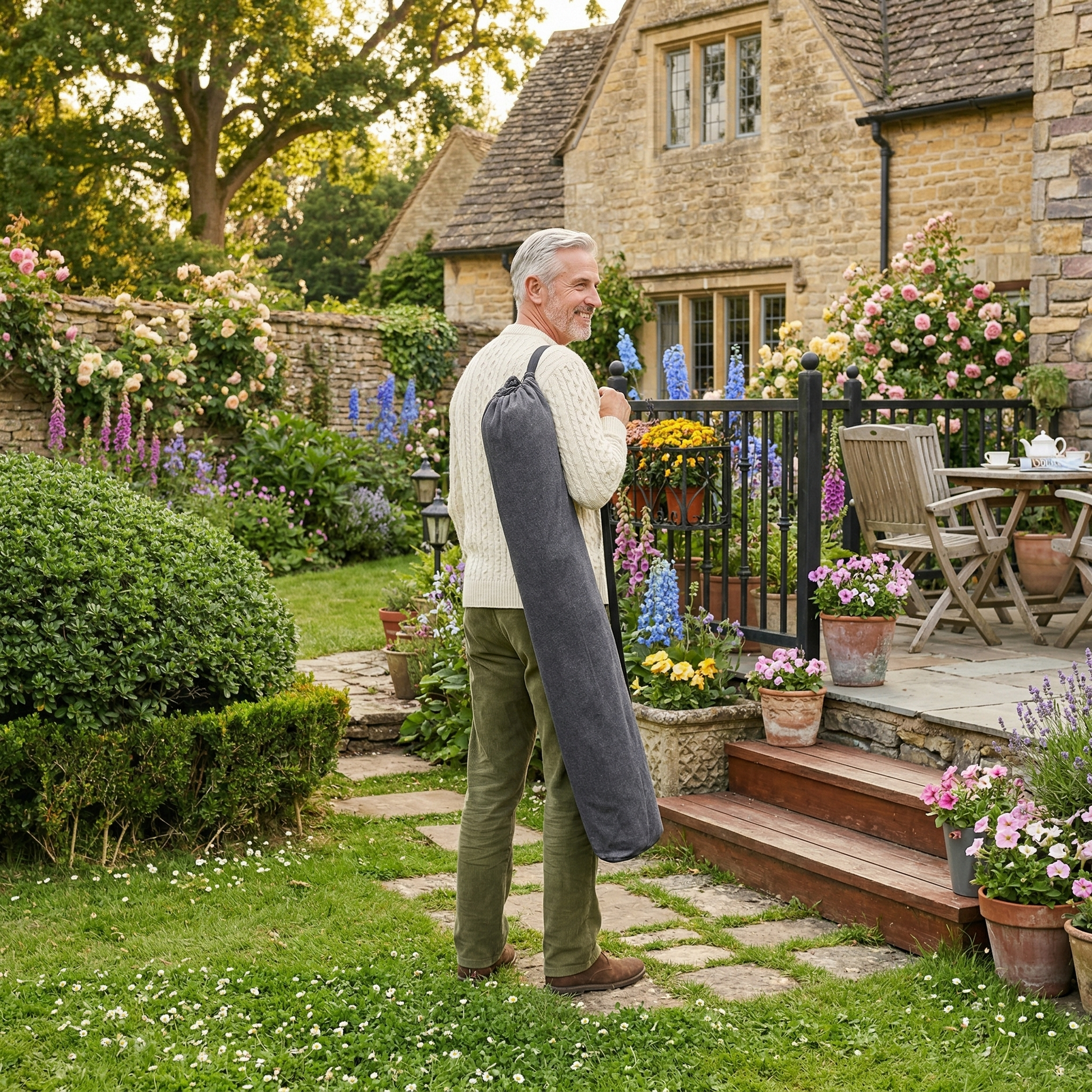 Couple relaxing in grey double hammock with cushions