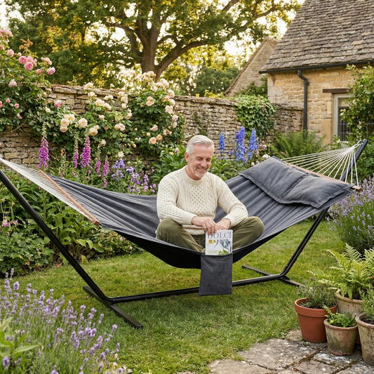 Close up of grey hammock cushion and side pocket