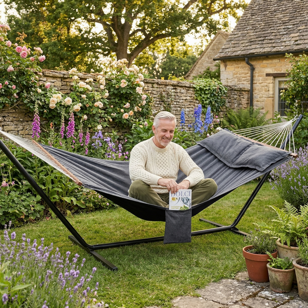 Close up of grey hammock cushion and side pocket