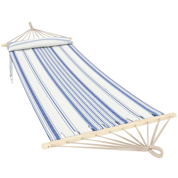 Blue and white striped garden hammock with pillow on white background