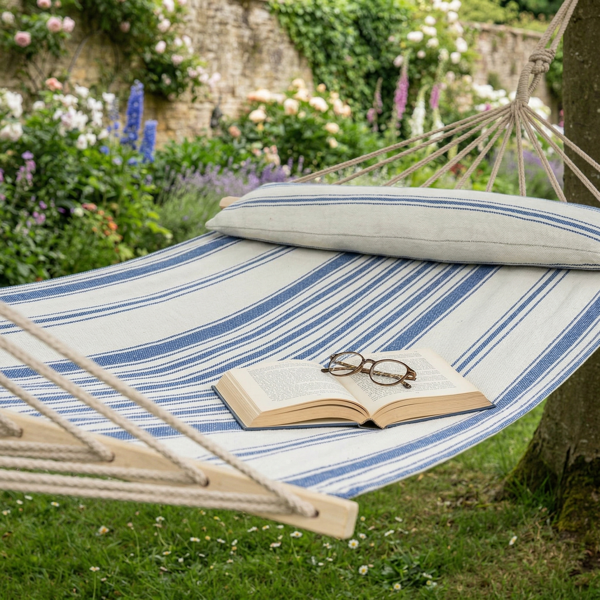 Blue striped hammock hanging in sunny garden