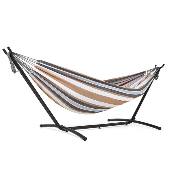 Desert stripe double hammock on steel stand on white background