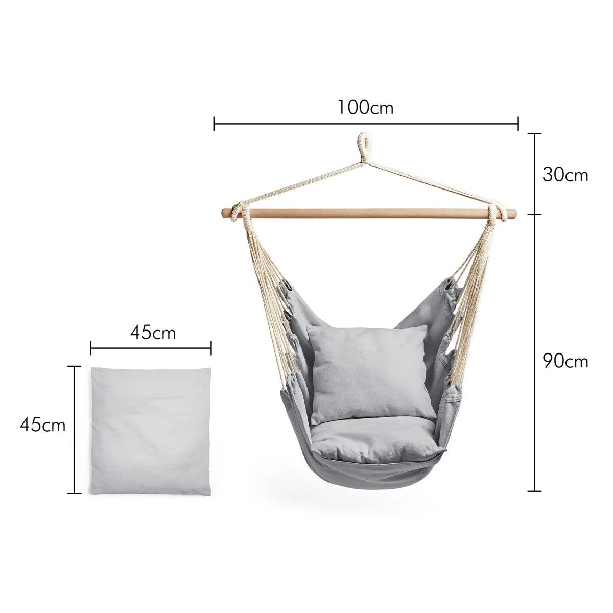 Grey padded hanging chair with dimensions on white background