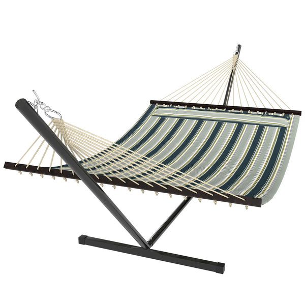 Striped garden hammock on steel stand on white background