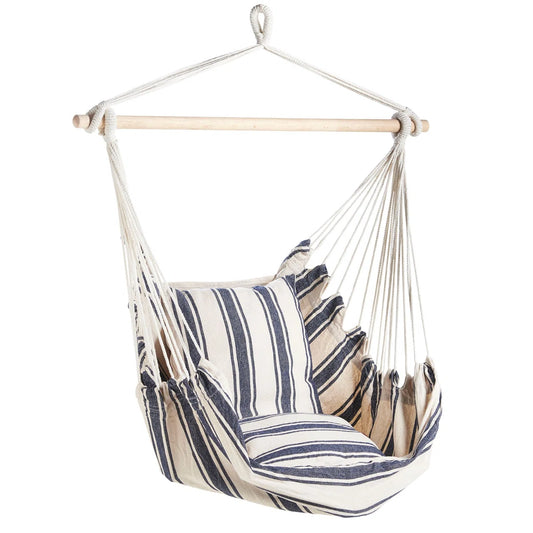 Navy and white striped swing chair with cushions on white background