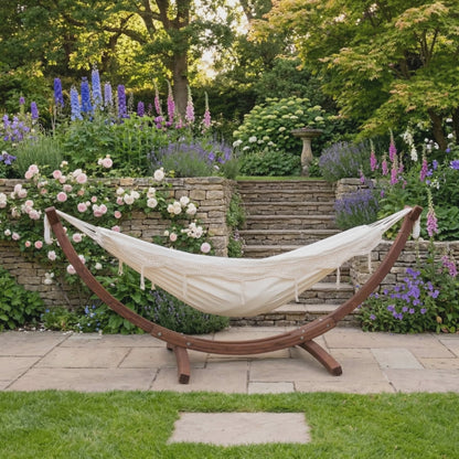 Natalia Double Hammock with Wooden Stand product video showing hammock in garden setting