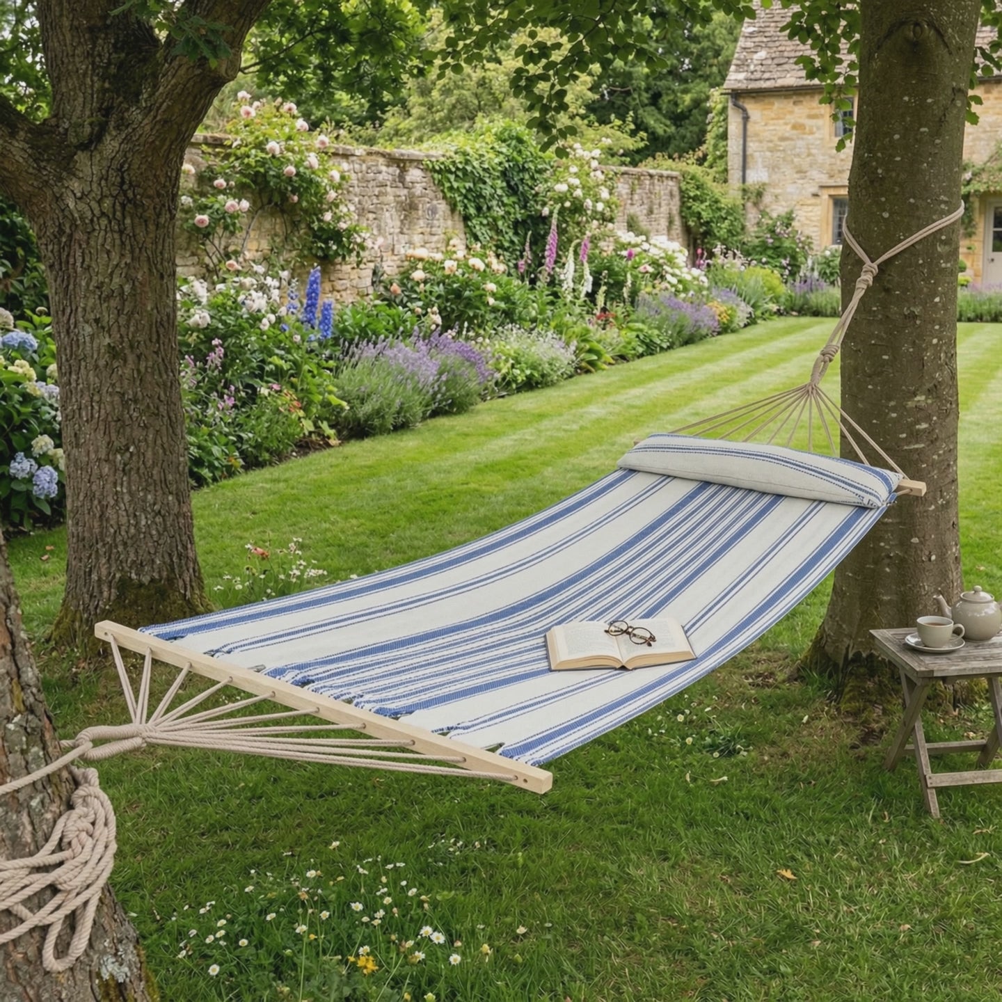 Coastal Stripe Single Hammock product video showing hammock in garden setting