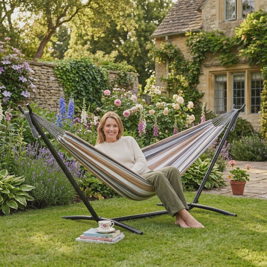 Desert Stripe Double Hammock with Stand product video showing hammock in garden setting