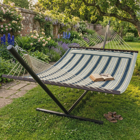 Garden Hammock with Steel Stand product video showing hammock in garden setting