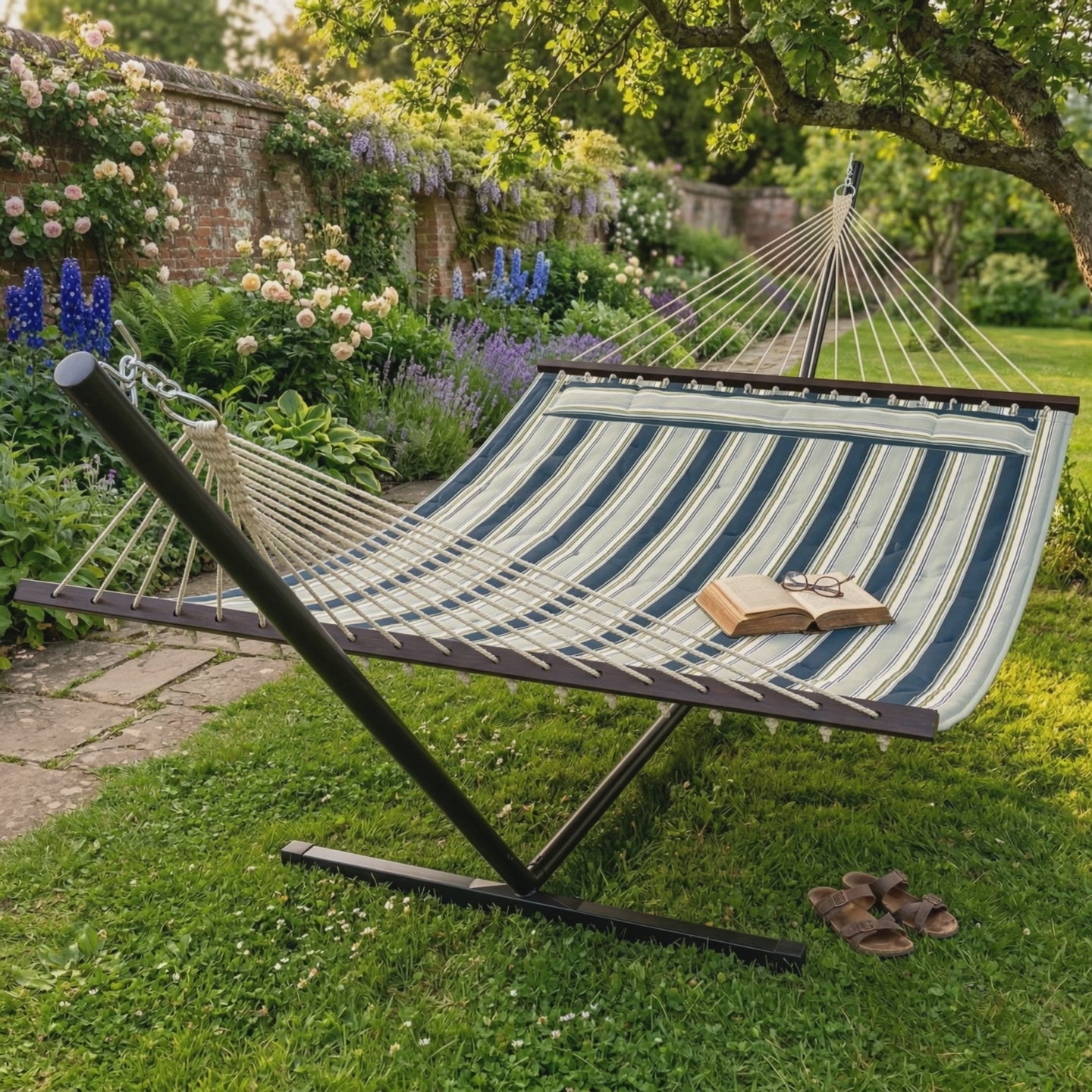 Garden Hammock with Steel Stand product video showing hammock in garden setting
