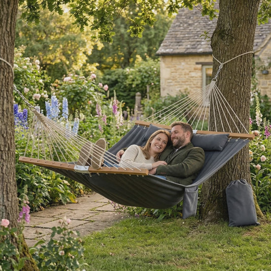 Quilted Double Garden Hammock product video showing hammock in garden setting