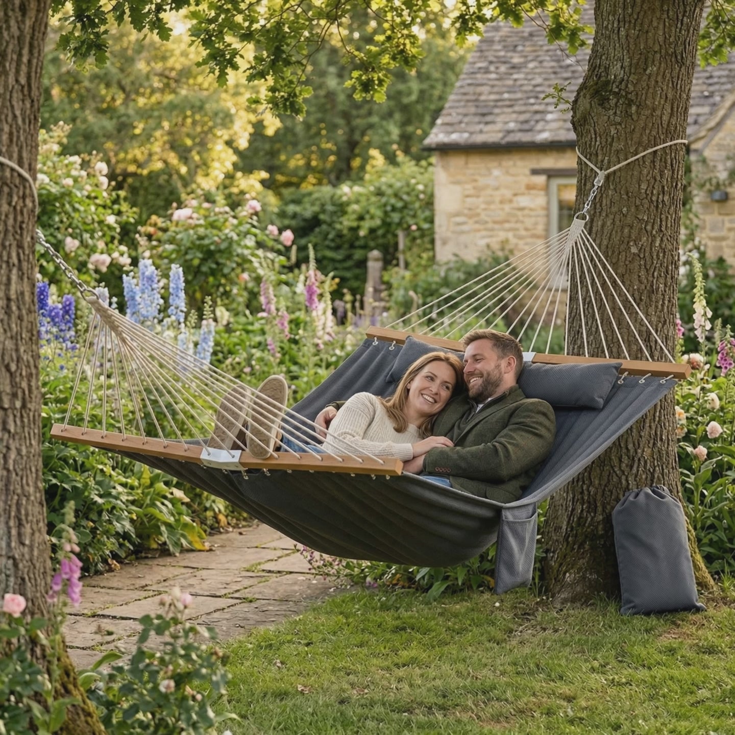 Quilted Double Garden Hammock product video showing hammock in garden setting