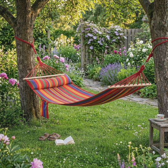 Striped cotton garden hammock with pillow hanging between two trees in British garden — GetHovr UK

