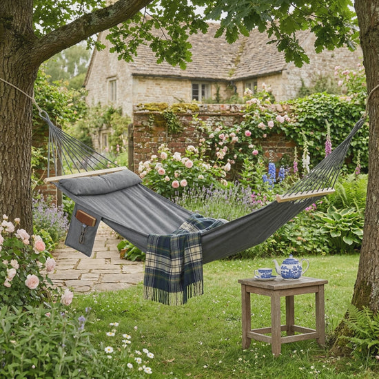 Single Garden Hammock with Pillow product video showing hammock in garden setting