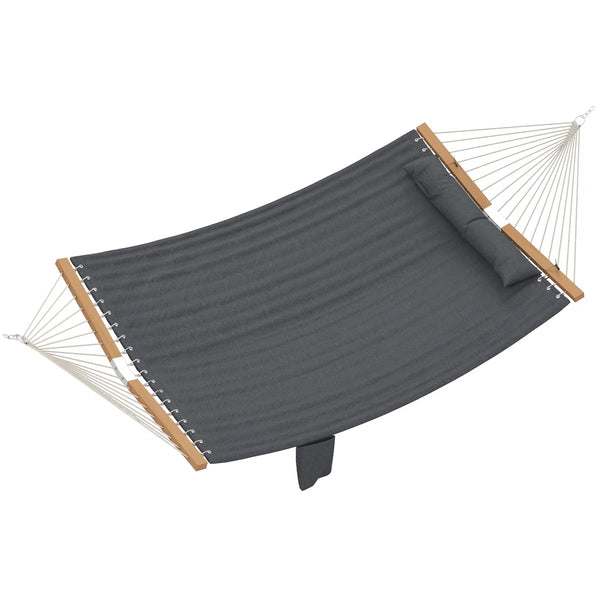 Quilted double garden hammock in charcoal grey with pillow on white background