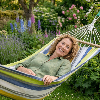 Close up of multicolour hammock fabric and wooden spreader bar