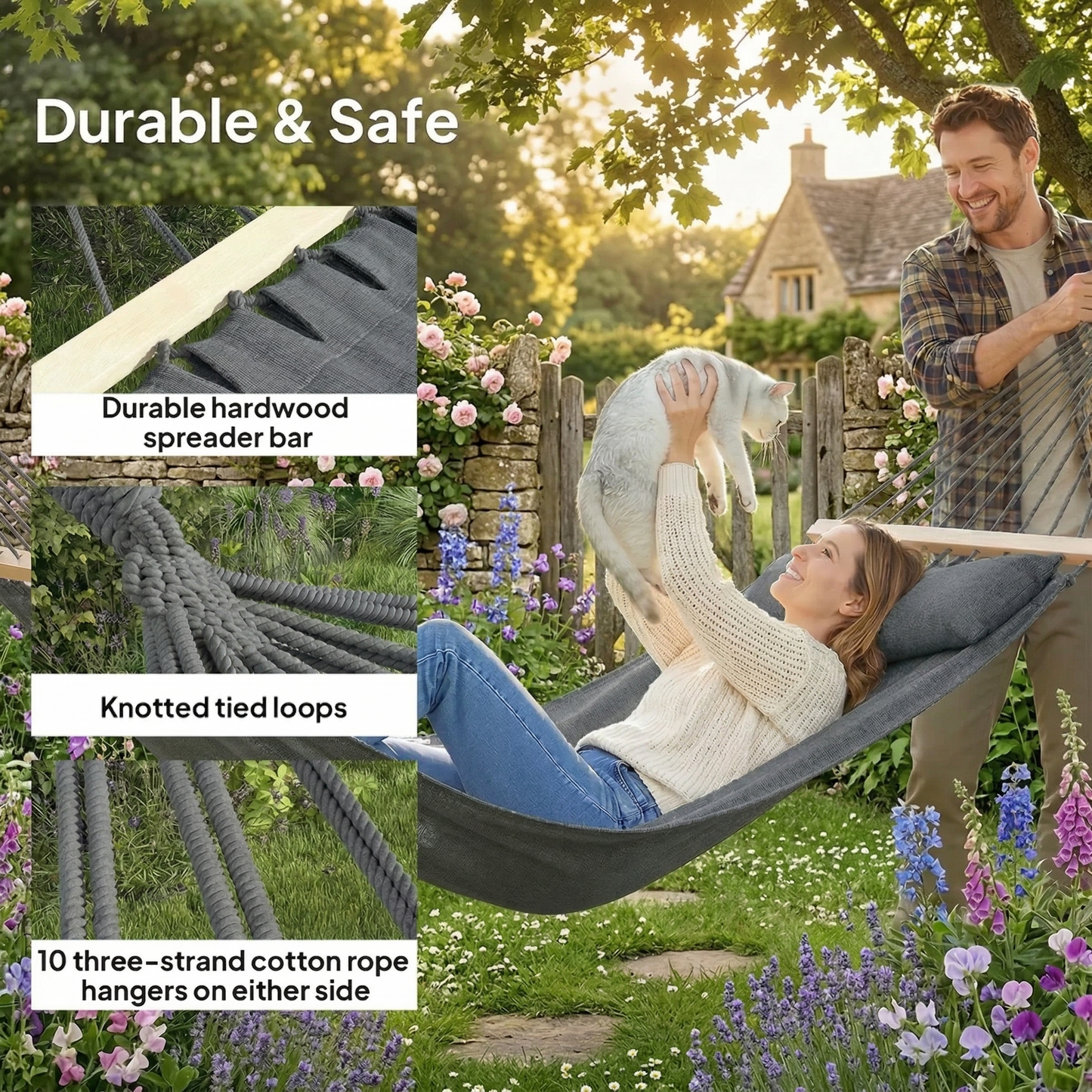 Person relaxing in single grey garden hammock