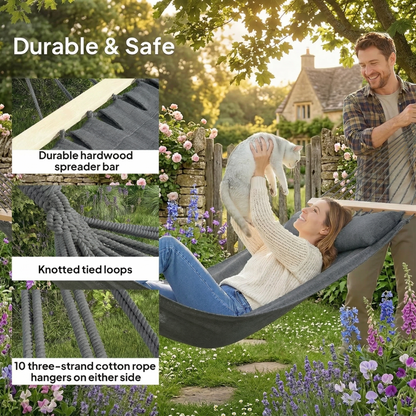 Person relaxing in single grey garden hammock